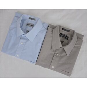 Lot of 2 David Taylor Shirts Men Sz‎ 17 Wrinkle Free Beige Blue Short Sleeve Vtg